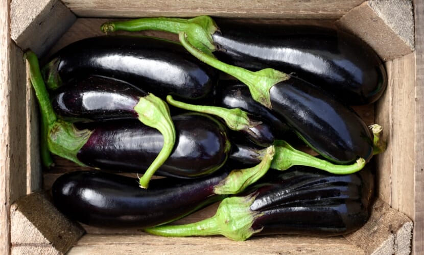 Fresh,Organic,Eggplant,In,Wooden,Box,Close,Up.,Food,Photography