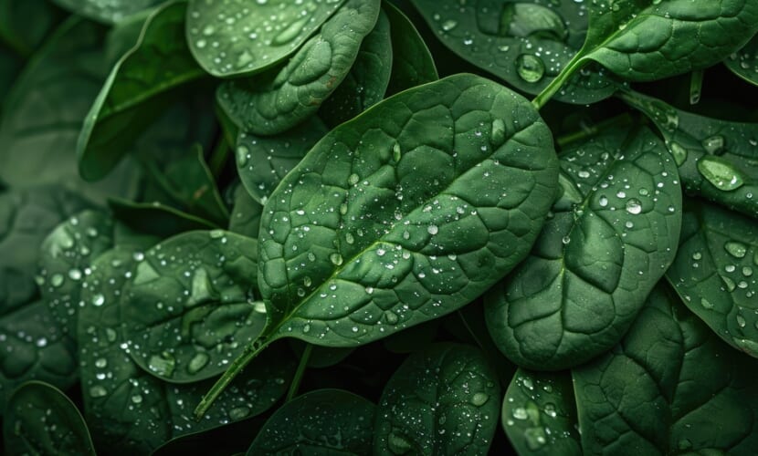 Close-up,Of,Fresh,,Dewy,Spinach,Leaves,In,A,Bunch