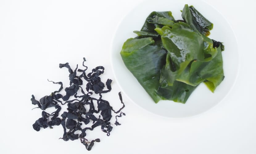 Wakame,Seaweed,Soaked,In,Water,Is,Green,And,Placed,On